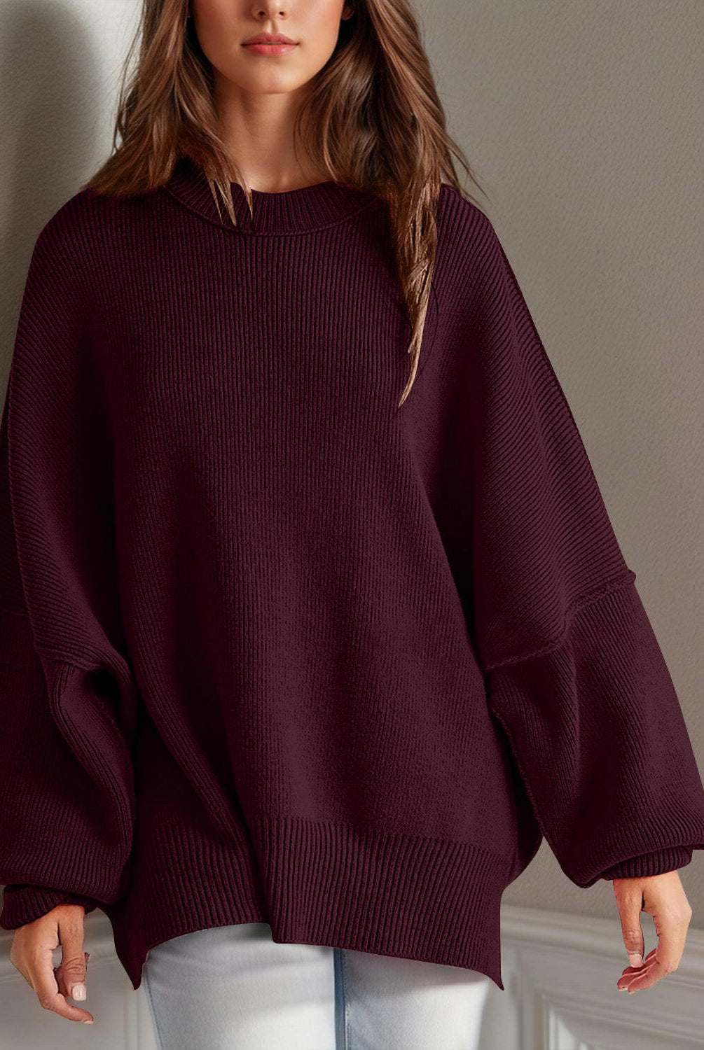 Double Take Side Slit Round Neck Long Sleeve Sweater-Sweaters-Krush Kandy, Women's Online Fashion Boutique Located in Phoenix, Arizona (Scottsdale Area)