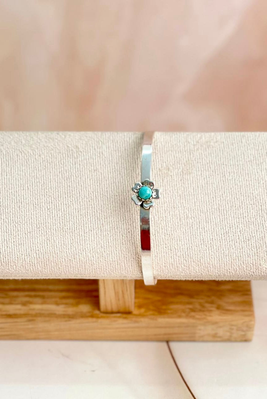 Delicate Silver & Turquoise Flower Bangle-Bracelets-Krush Kandy, Women's Online Fashion Boutique Located in Phoenix, Arizona (Scottsdale Area)