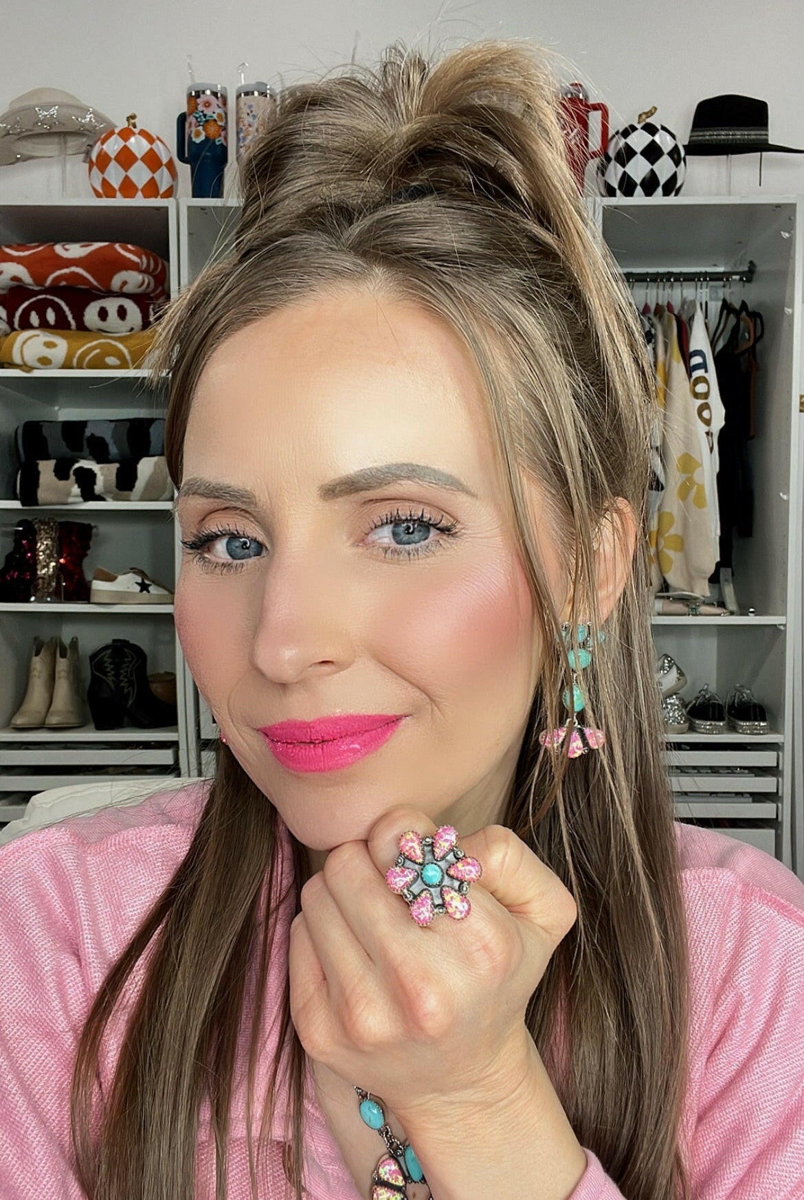 Kristyns Pink Fire Opal & Turquoise Blossom Ring | PREORDER-Pendant Necklaces-Krush Kandy, Women's Online Fashion Boutique Located in Phoenix, Arizona (Scottsdale Area)