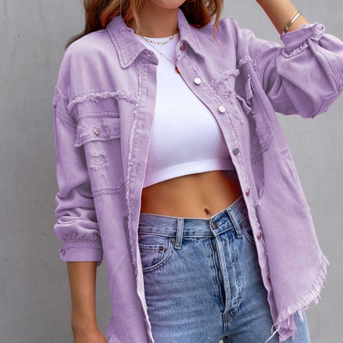 Distressed Drop Shoulder Denim Jacket-Krush Kandy, Women's Online Fashion Boutique Located in Phoenix, Arizona (Scottsdale Area)