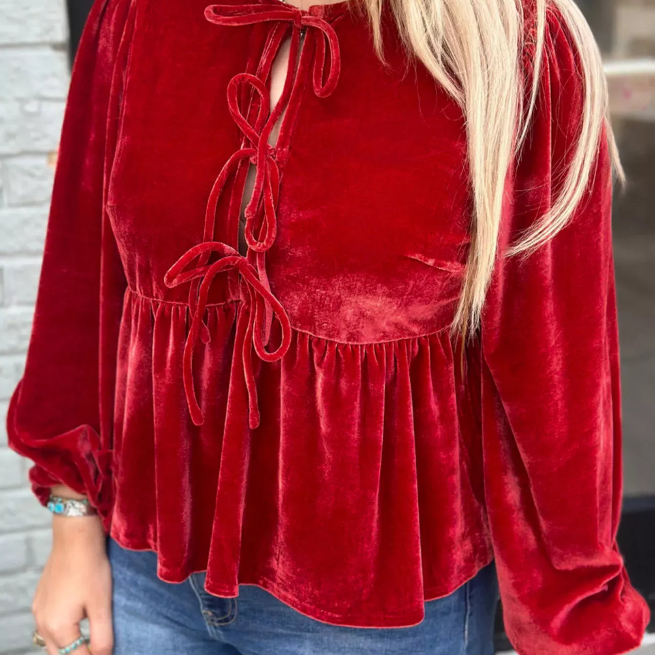 Plus Size Tie Front Velvet Peplum Blouse-Blouses-Krush Kandy, Women's Online Fashion Boutique Located in Phoenix, Arizona (Scottsdale Area)