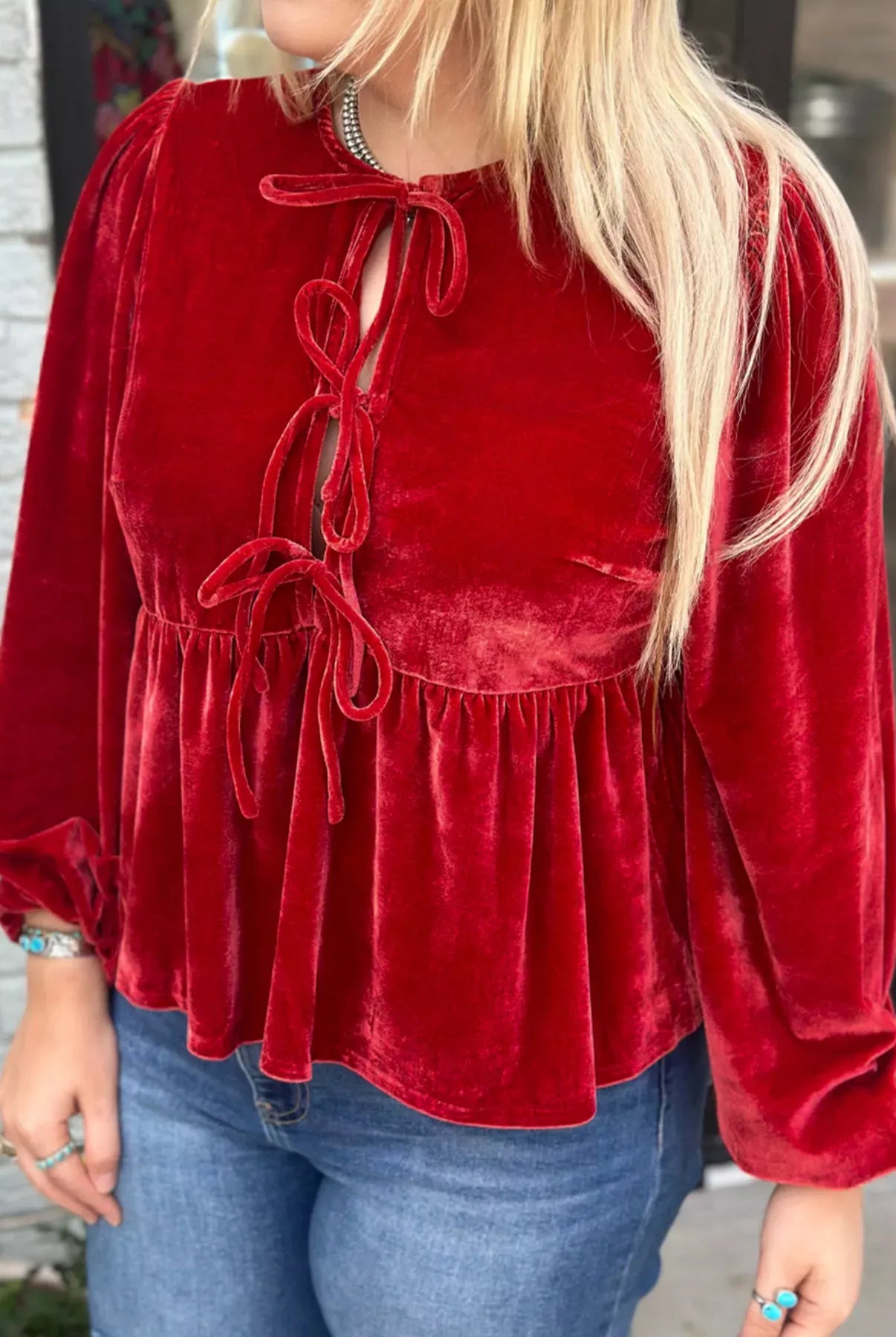 Plus Size Tie Front Velvet Peplum Blouse-Blouses-Krush Kandy, Women's Online Fashion Boutique Located in Phoenix, Arizona (Scottsdale Area)