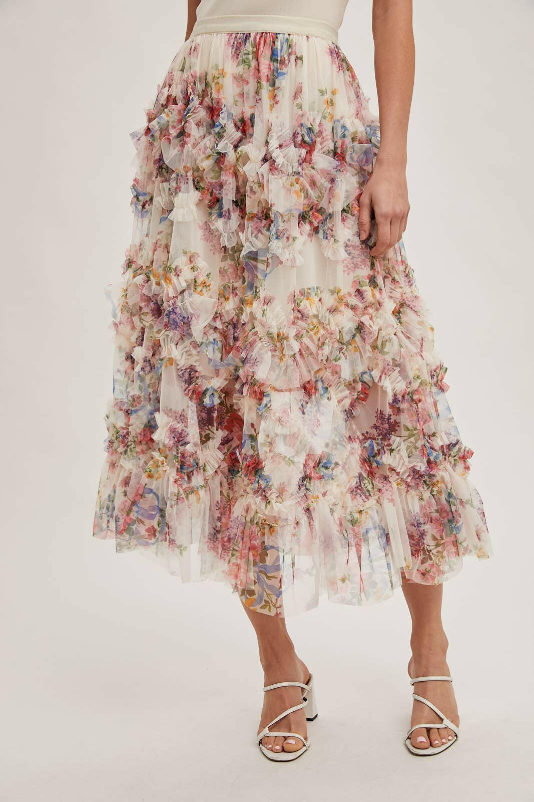 Floral Ruffled Mesh Midi Skirt-Skirts-Krush Kandy, Women's Online Fashion Boutique Located in Phoenix, Arizona (Scottsdale Area)