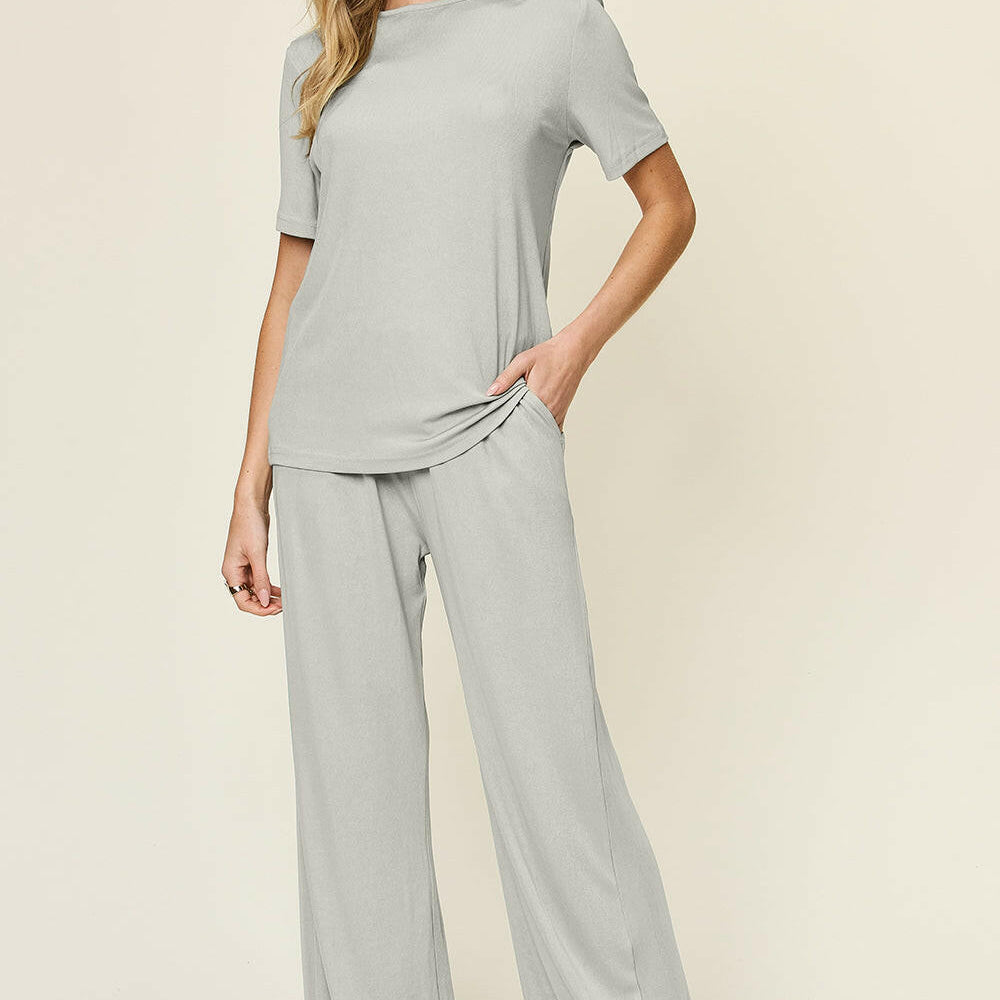 Double Take Full Size Round Neck Short Sleeve T-Shirt and Wide Leg Pants Set-Krush Kandy, Women's Online Fashion Boutique Located in Phoenix, Arizona (Scottsdale Area)
