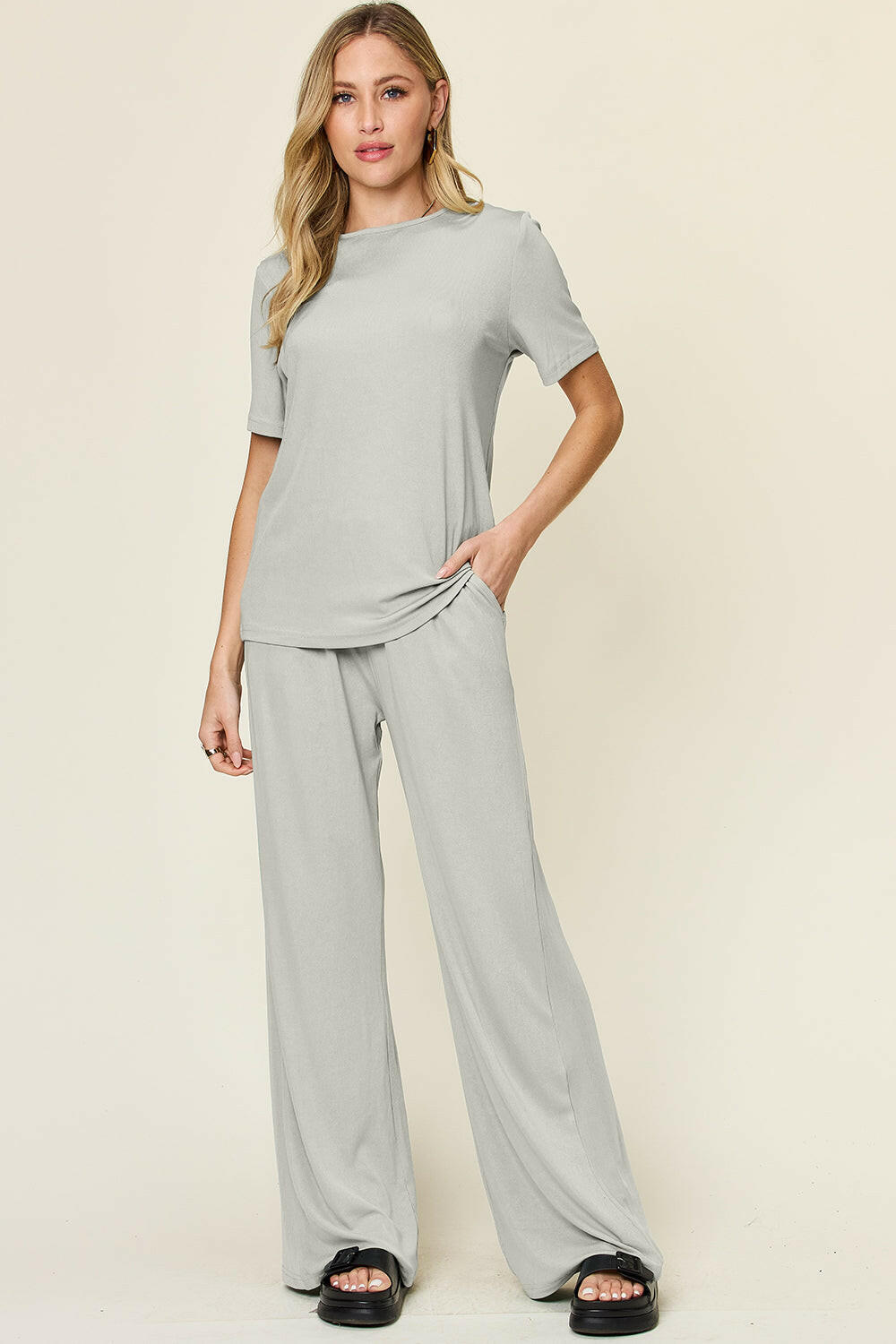 Double Take Full Size Round Neck Short Sleeve T-Shirt and Wide Leg Pants Set-Krush Kandy, Women's Online Fashion Boutique Located in Phoenix, Arizona (Scottsdale Area)