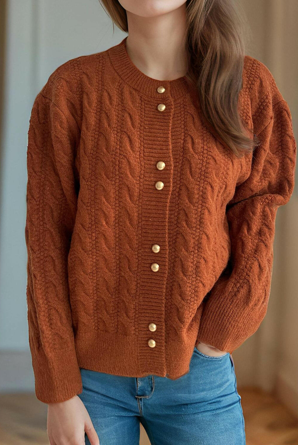 Cable-Knit Round Neck Long Sleeve Cardigan-Cardigans-Krush Kandy, Women's Online Fashion Boutique Located in Phoenix, Arizona (Scottsdale Area)