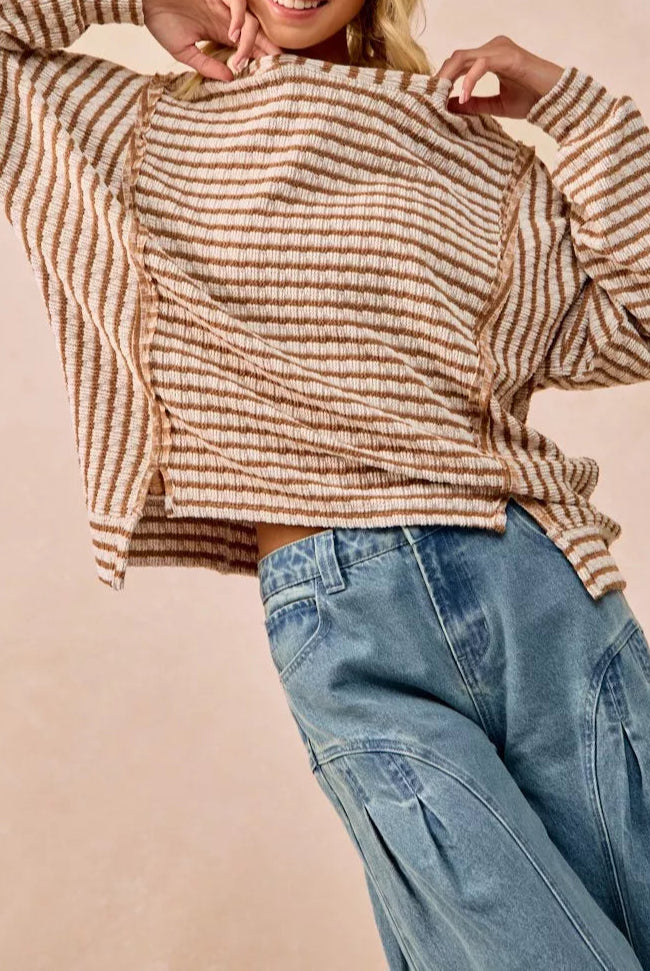 BiBi Open Seam Detail Textured Stripe Knit Top-Sweaters-Krush Kandy, Women's Online Fashion Boutique Located in Phoenix, Arizona (Scottsdale Area)