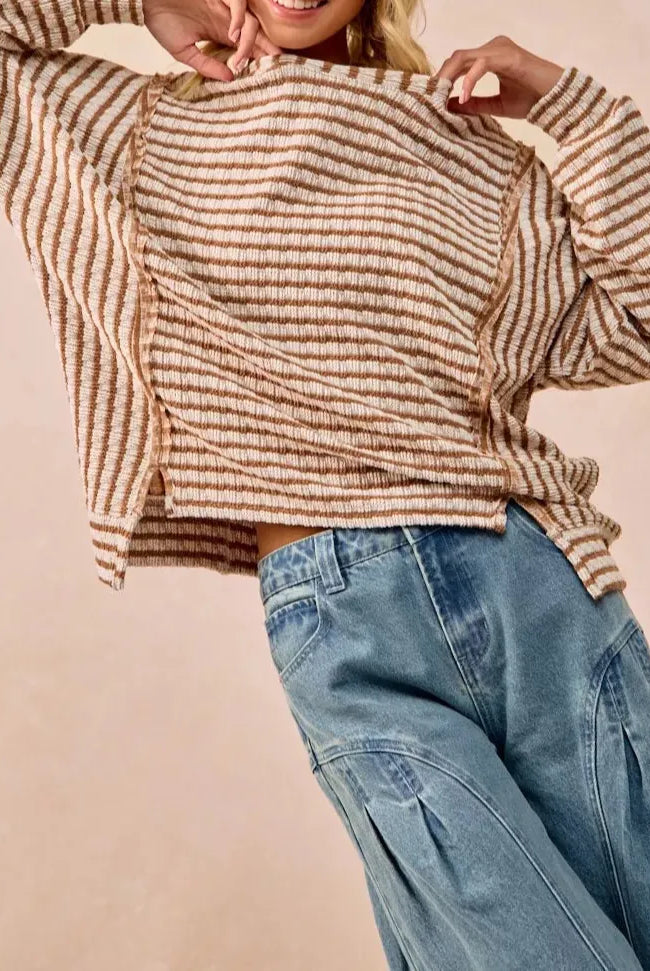 BiBi Open Seam Detail Textured Stripe Knit Top-Sweaters-Krush Kandy, Women's Online Fashion Boutique Located in Phoenix, Arizona (Scottsdale Area)