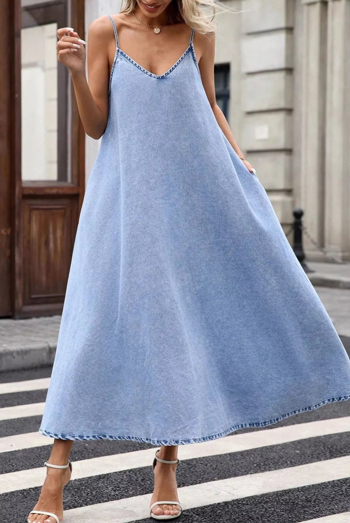 V-Neck Denim Cami Dress-Dresses-Krush Kandy, Women's Online Fashion Boutique Located in Phoenix, Arizona (Scottsdale Area)