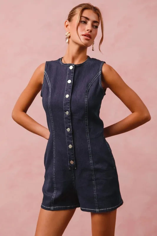 SO ME Button Up Front Washed Denim Sleeveless Romper-Jumpsuits & Rompers-Krush Kandy, Women's Online Fashion Boutique Located in Phoenix, Arizona (Scottsdale Area)