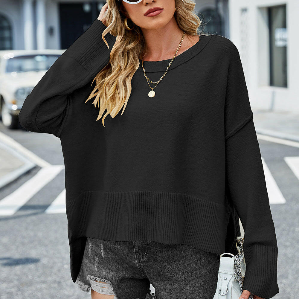 High-Low Slit Round Neck Long Sleeve Sweater-Krush Kandy, Women's Online Fashion Boutique Located in Phoenix, Arizona (Scottsdale Area)