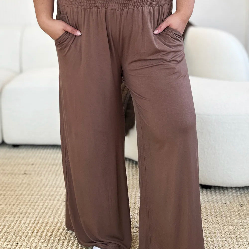 Full Size Smocked Wide Waistband Wide Leg Pants-Pants-Krush Kandy, Women's Online Fashion Boutique Located in Phoenix, Arizona (Scottsdale Area)