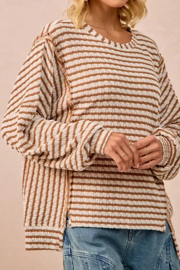BiBi Open Seam Detail Textured Stripe Knit Top-Sweaters-Krush Kandy, Women's Online Fashion Boutique Located in Phoenix, Arizona (Scottsdale Area)