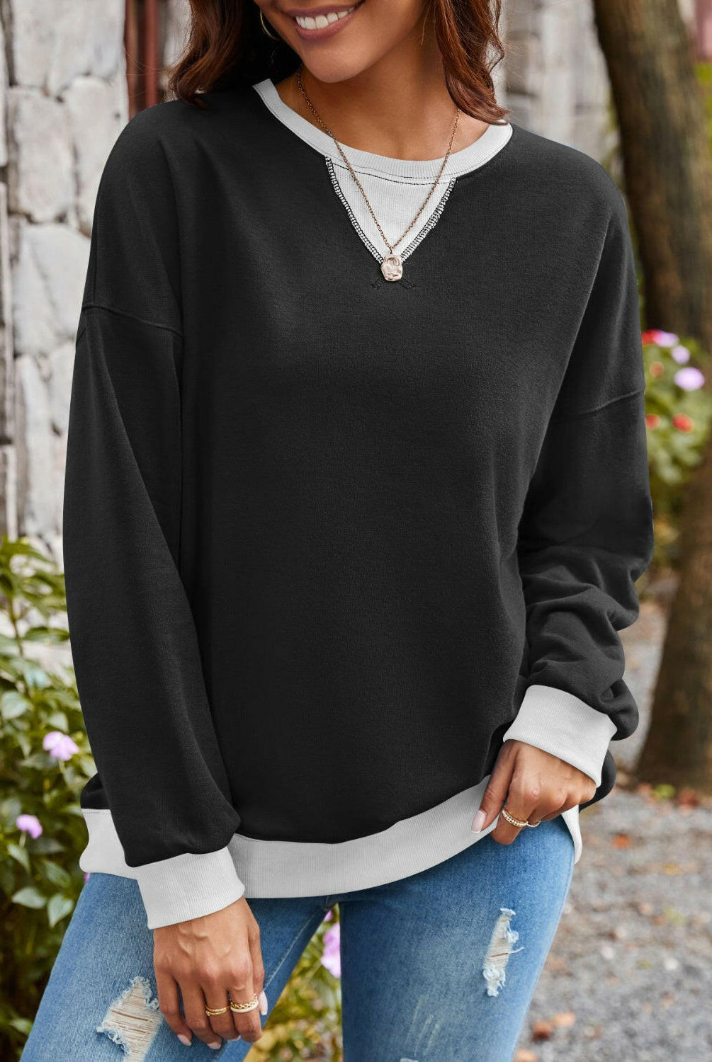 Lovelet Contrast Round Neck Long Sleeve Sweatshirt-Krush Kandy, Women's Online Fashion Boutique Located in Phoenix, Arizona (Scottsdale Area)