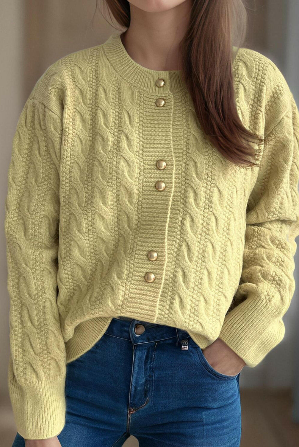 Cable-Knit Round Neck Long Sleeve Cardigan-Cardigans-Krush Kandy, Women's Online Fashion Boutique Located in Phoenix, Arizona (Scottsdale Area)