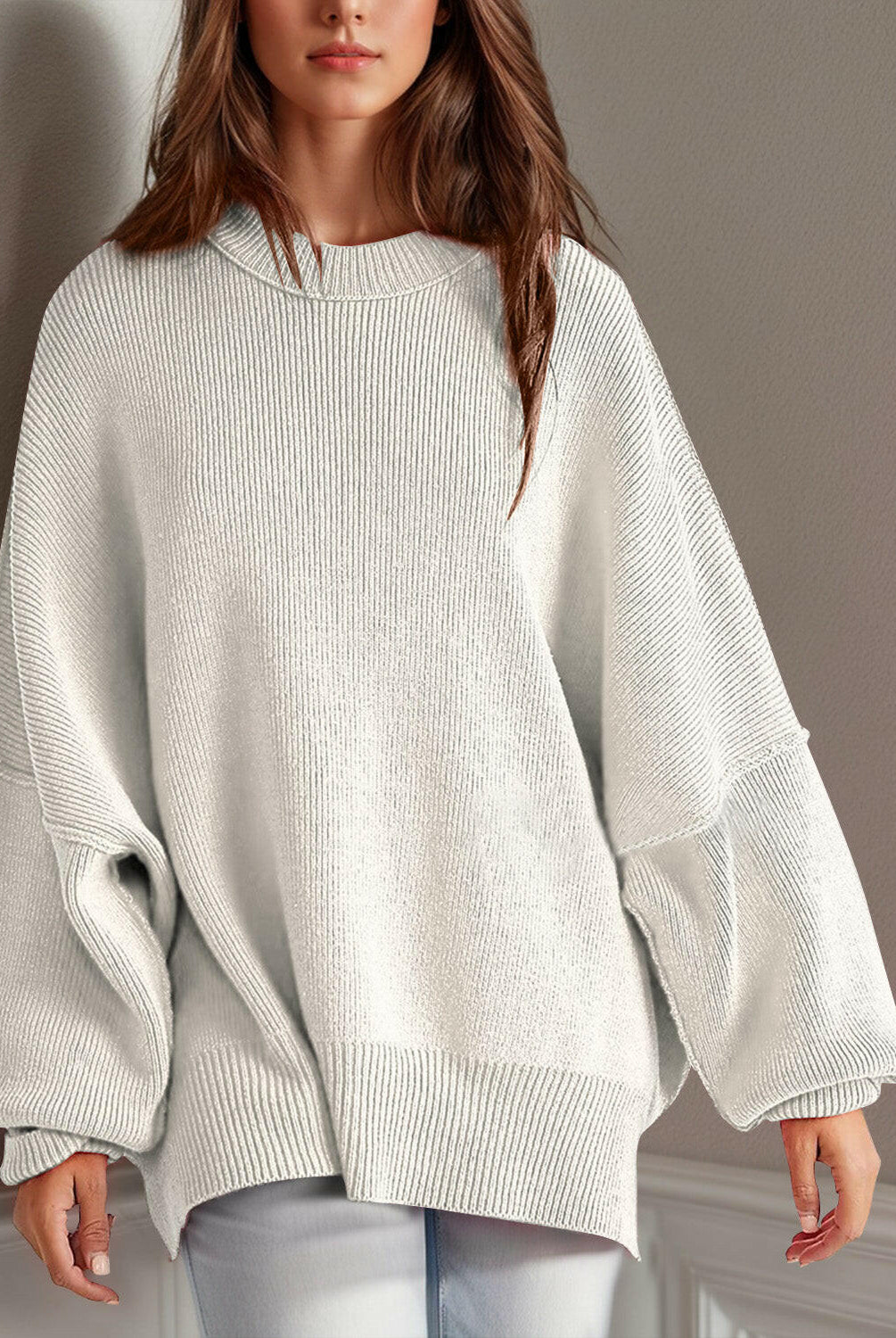 Double Take Side Slit Round Neck Long Sleeve Sweater-Sweaters-Krush Kandy, Women's Online Fashion Boutique Located in Phoenix, Arizona (Scottsdale Area)