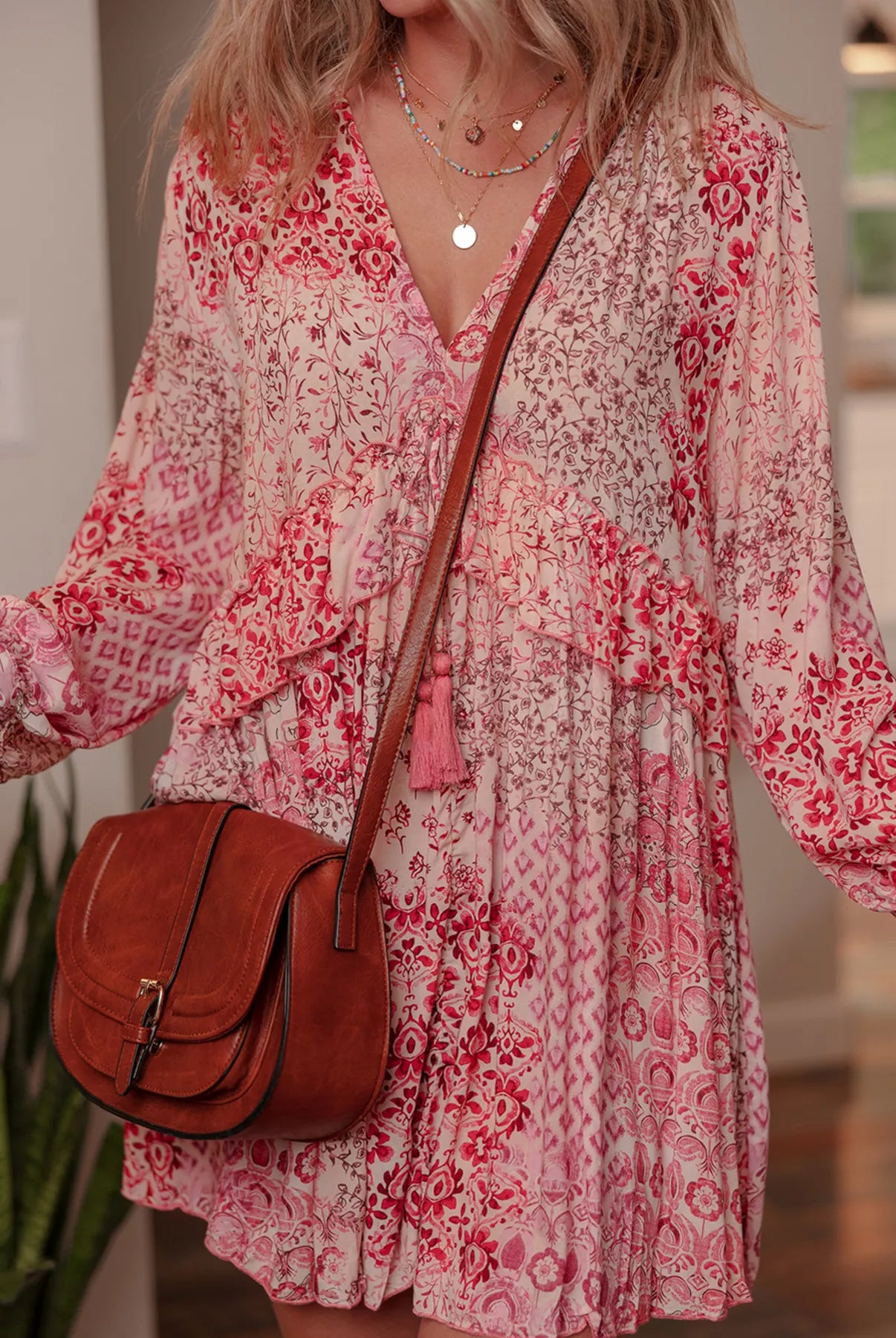 loral Print Tassel Tie Long Sleeve Flowy Mini Dress-Dresses-Krush Kandy, Women's Online Fashion Boutique Located in Phoenix, Arizona (Scottsdale Area)