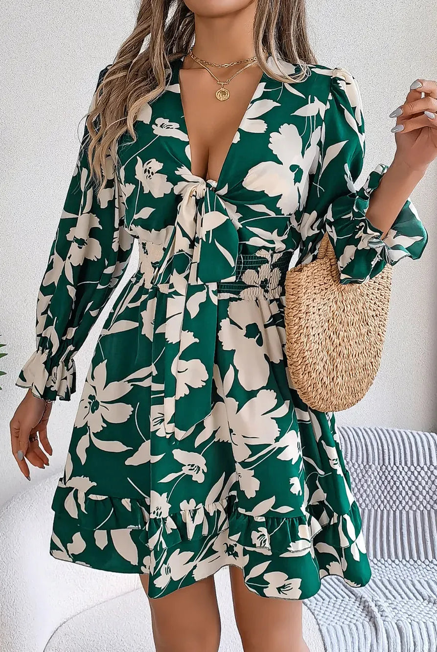 Tied Ruffled Printed Long Sleeve Dress-Krush Kandy, Women's Online Fashion Boutique Located in Phoenix, Arizona (Scottsdale Area)