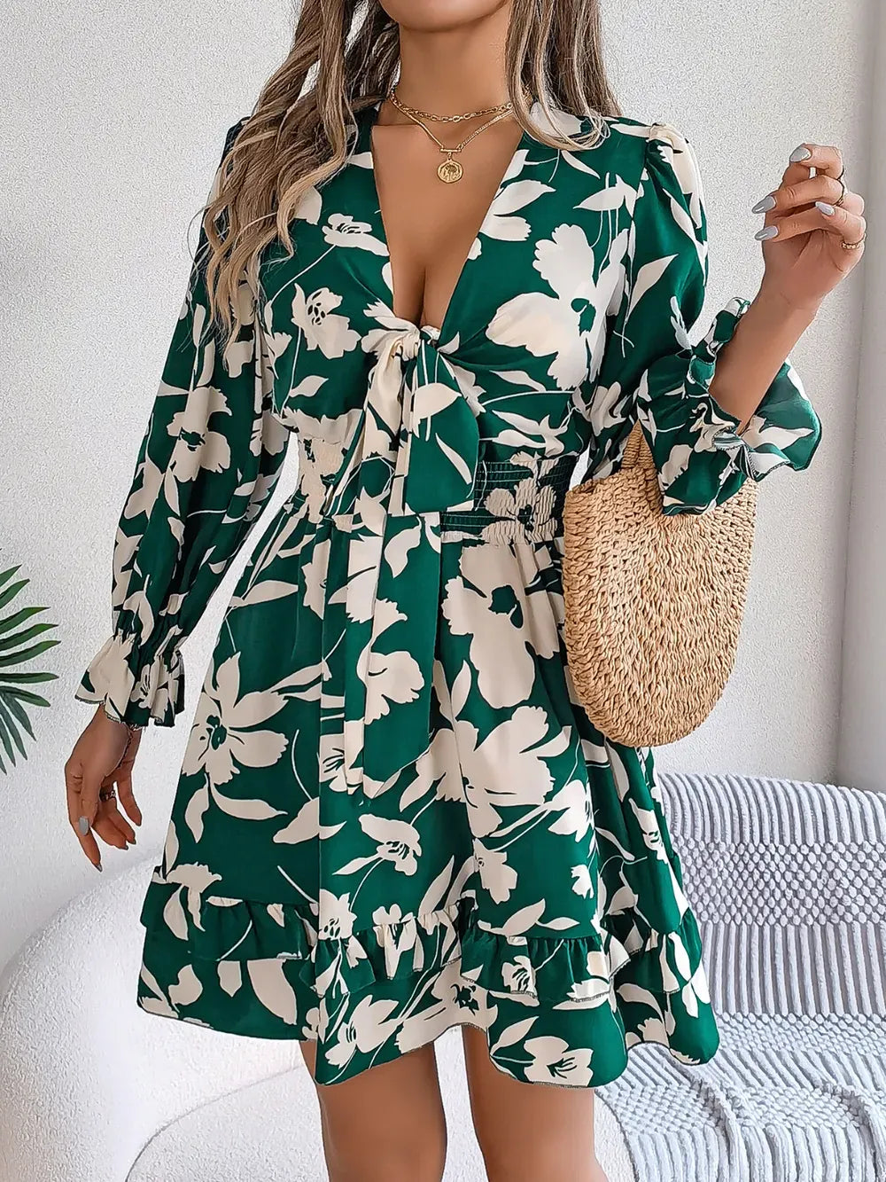 Tied Ruffled Printed Long Sleeve Dress-Krush Kandy, Women's Online Fashion Boutique Located in Phoenix, Arizona (Scottsdale Area)