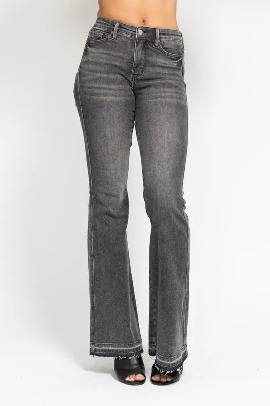 Judy Blue Full Size Mid Rise Tummy Control Washed Gray Release Hem Flare Jeans Plus Size-Denim-Krush Kandy, Women's Online Fashion Boutique Located in Phoenix, Arizona (Scottsdale Area)