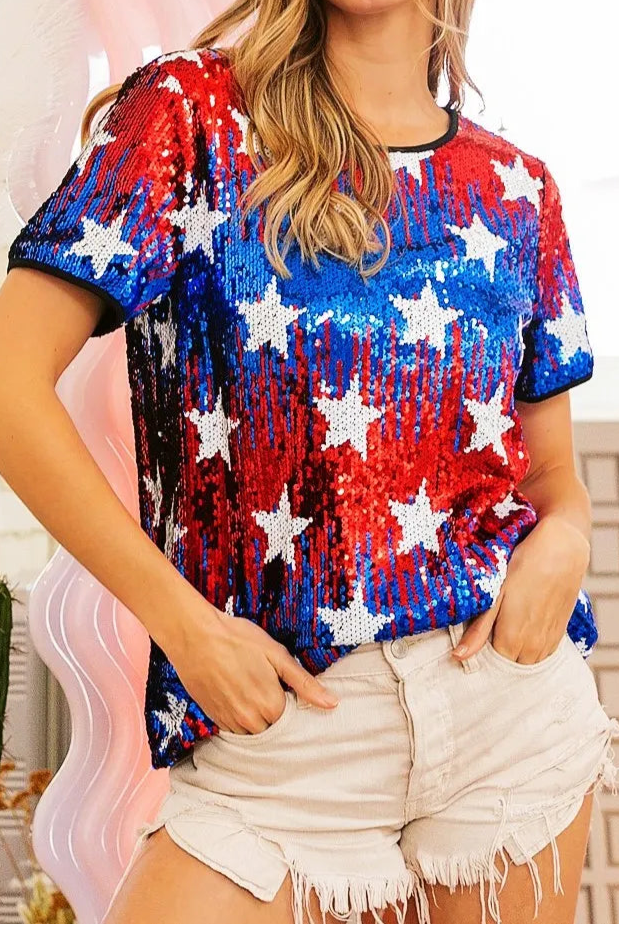 BiBi American Theme Star Pattern Sequin Top-tops-Krush Kandy, Women's Online Fashion Boutique Located in Phoenix, Arizona (Scottsdale Area)