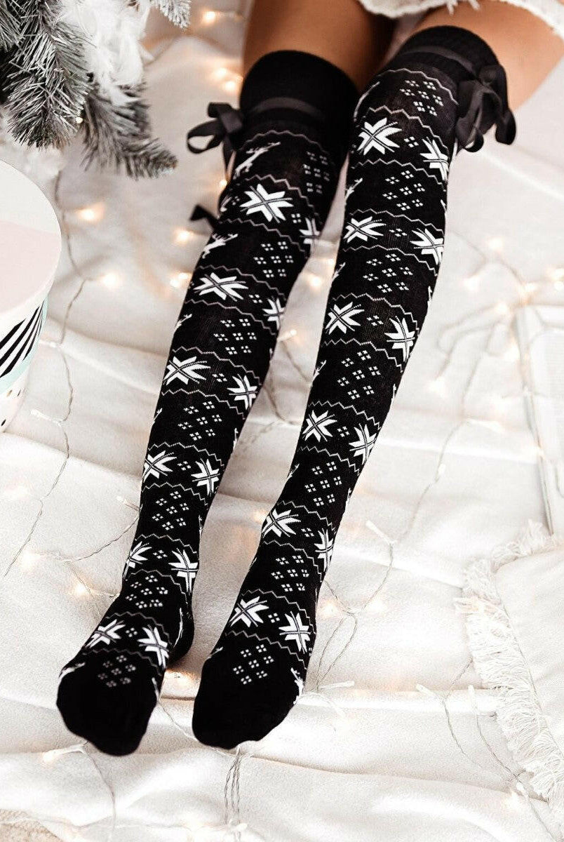 Christmas Element Bowknot Ribbed Trim Over Knee Stockings-Accessories-Krush Kandy, Women's Online Fashion Boutique Located in Phoenix, Arizona (Scottsdale Area)