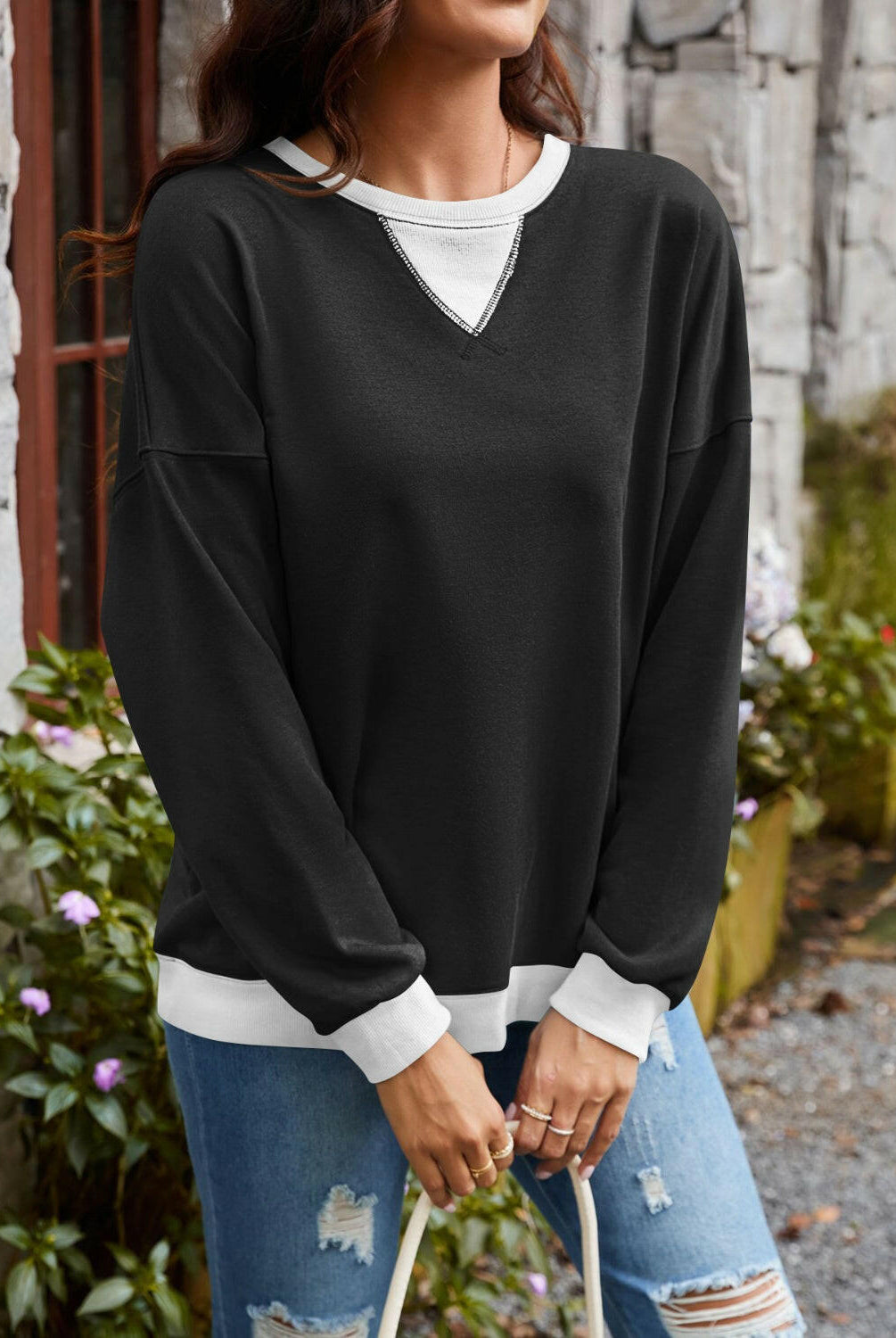 Lovelet Contrast Round Neck Long Sleeve Sweatshirt-Krush Kandy, Women's Online Fashion Boutique Located in Phoenix, Arizona (Scottsdale Area)
