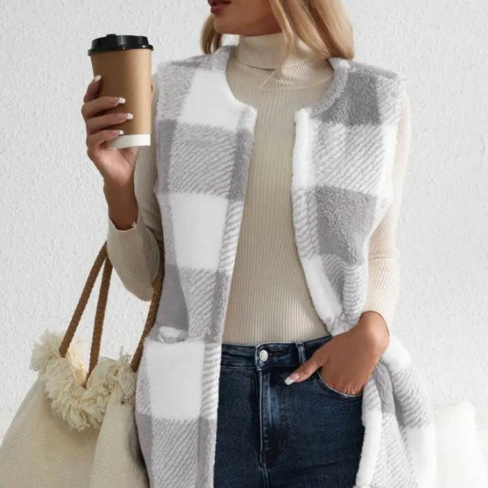 Sherpa Plaid Open Front Vest Coat-Krush Kandy, Women's Online Fashion Boutique Located in Phoenix, Arizona (Scottsdale Area)