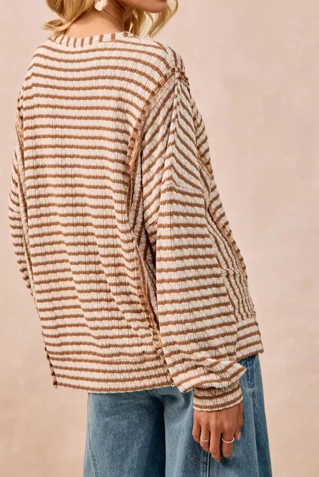 BiBi Open Seam Detail Textured Stripe Knit Top-Sweaters-Krush Kandy, Women's Online Fashion Boutique Located in Phoenix, Arizona (Scottsdale Area)