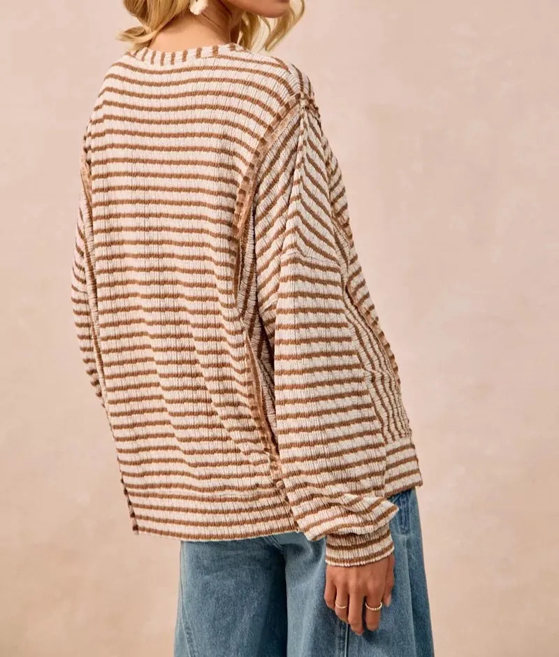 BiBi Open Seam Detail Textured Stripe Knit Top-Sweaters-Krush Kandy, Women's Online Fashion Boutique Located in Phoenix, Arizona (Scottsdale Area)