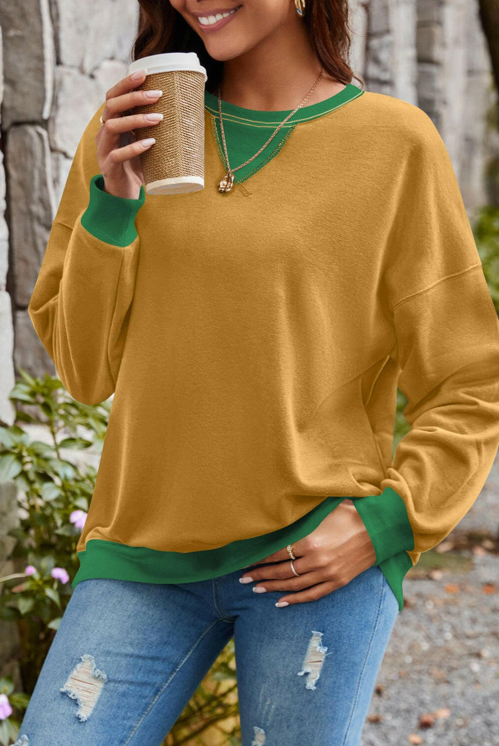 Lovelet Contrast Round Neck Long Sleeve Sweatshirt-Krush Kandy, Women's Online Fashion Boutique Located in Phoenix, Arizona (Scottsdale Area)