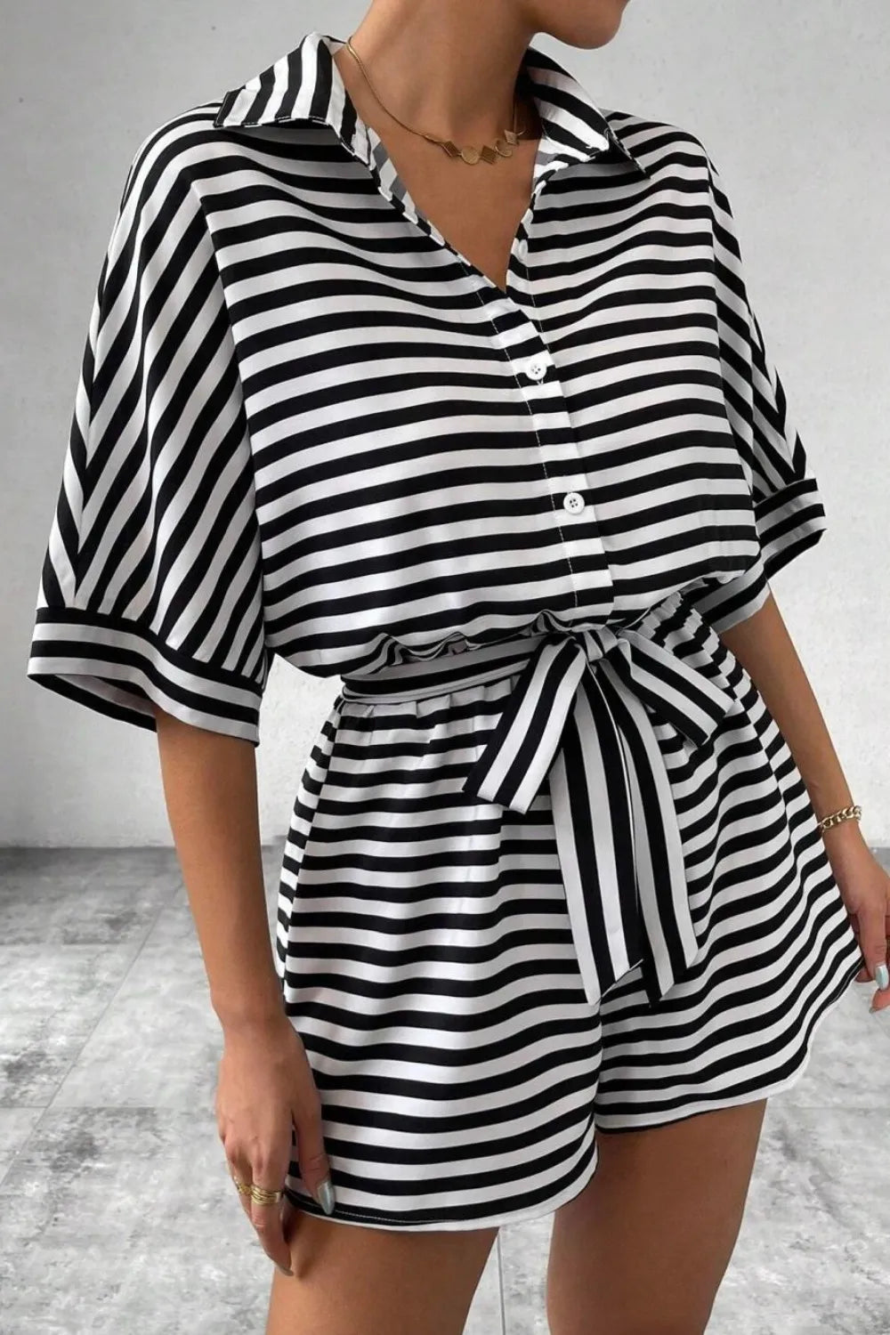 Striped Collared Neck Tie Waist Romper-Krush Kandy, Women's Online Fashion Boutique Located in Phoenix, Arizona (Scottsdale Area)