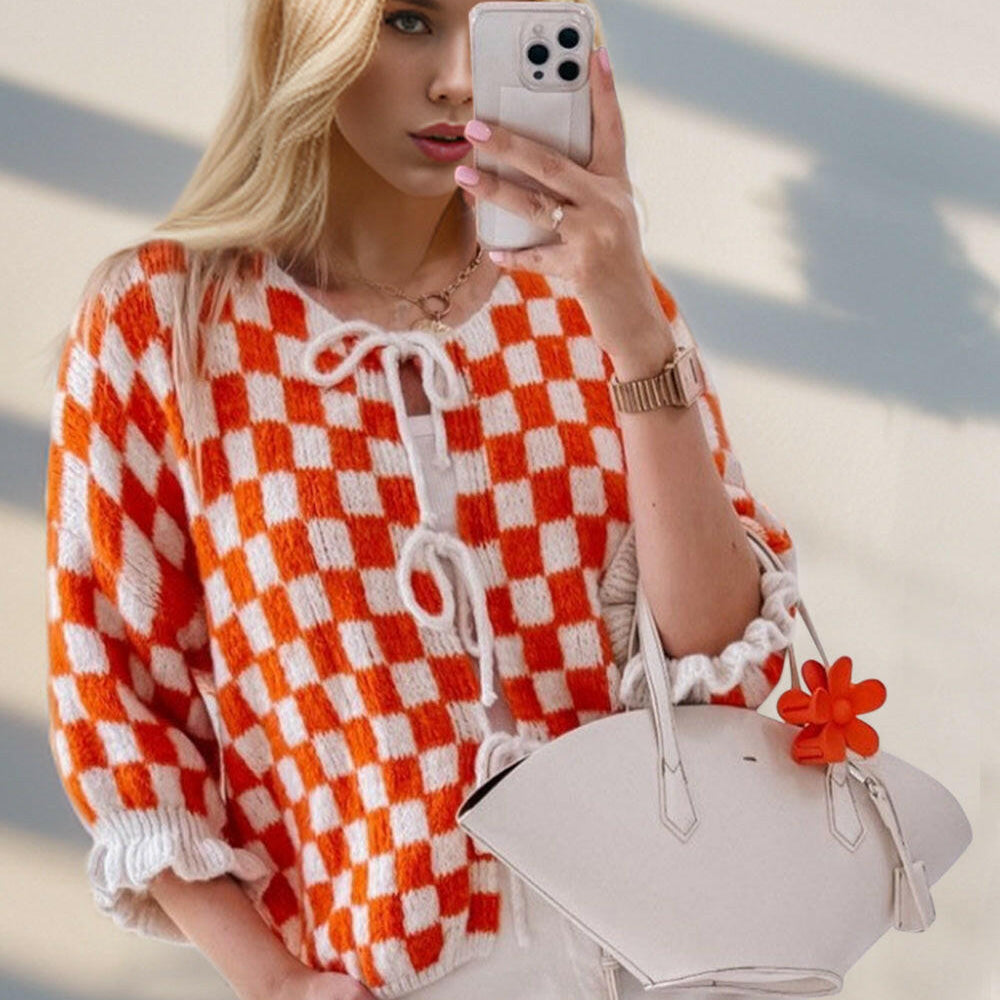 Double Take Tied Checkered Dropped Shoulder Flounce Sleeve Cardigan-Krush Kandy, Women's Online Fashion Boutique Located in Phoenix, Arizona (Scottsdale Area)