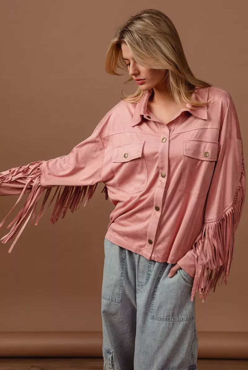 BiBi Suede Fringe Long Sleeve Jacket-Jacket-Krush Kandy, Women's Online Fashion Boutique Located in Phoenix, Arizona (Scottsdale Area)