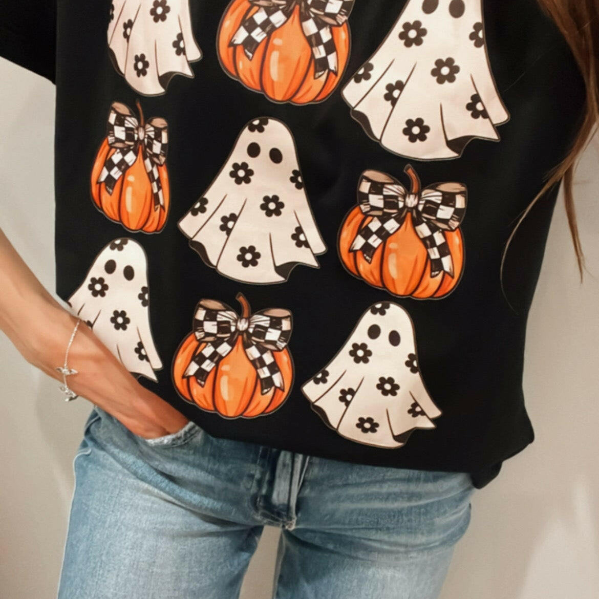 Halloween Ghost & Pumpkin Daisy Checkered Sleeve T-Shirt-Tops-Krush Kandy, Women's Online Fashion Boutique Located in Phoenix, Arizona (Scottsdale Area)