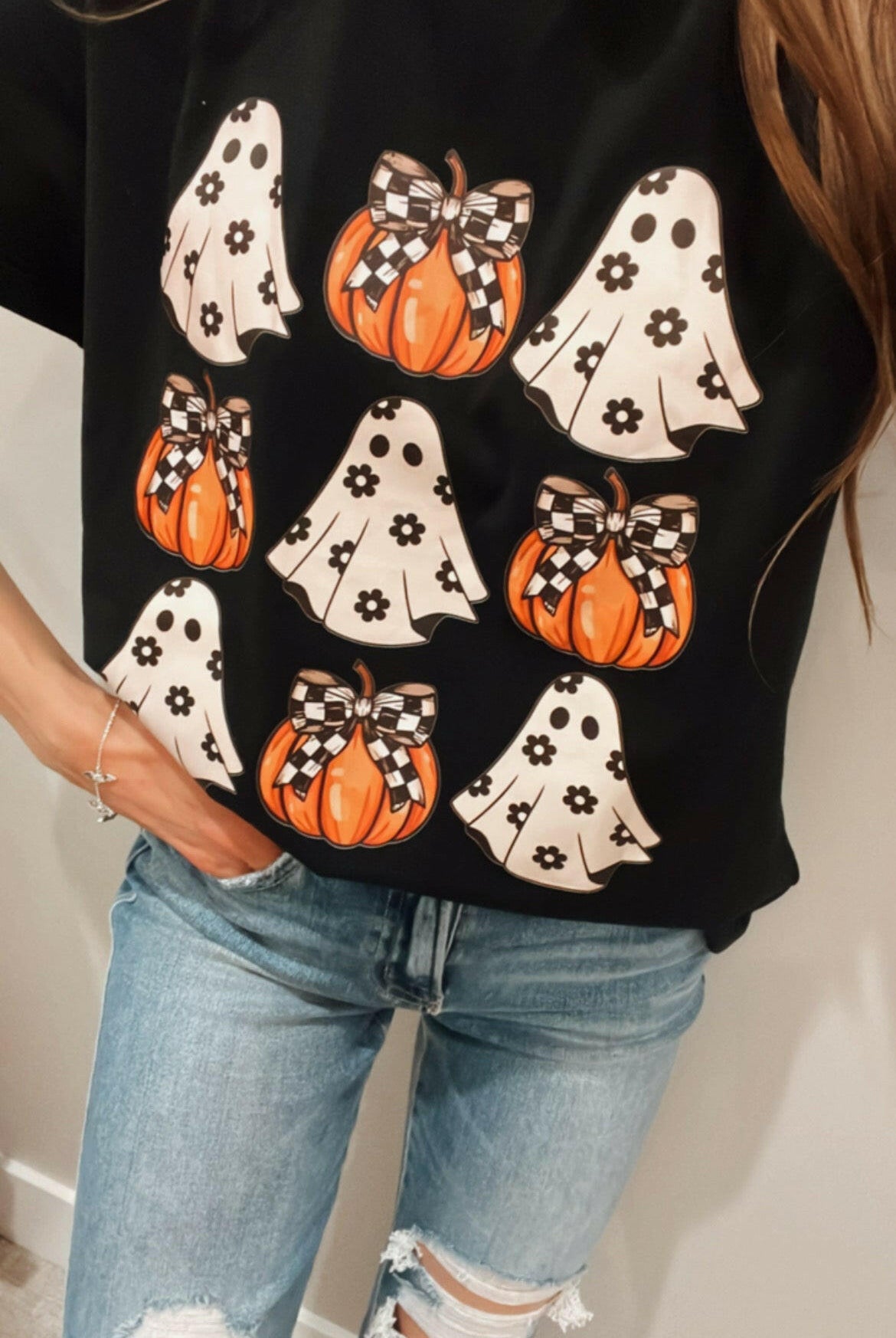 Halloween Ghost & Pumpkin Daisy Checkered Sleeve T-Shirt-Tops-Krush Kandy, Women's Online Fashion Boutique Located in Phoenix, Arizona (Scottsdale Area)