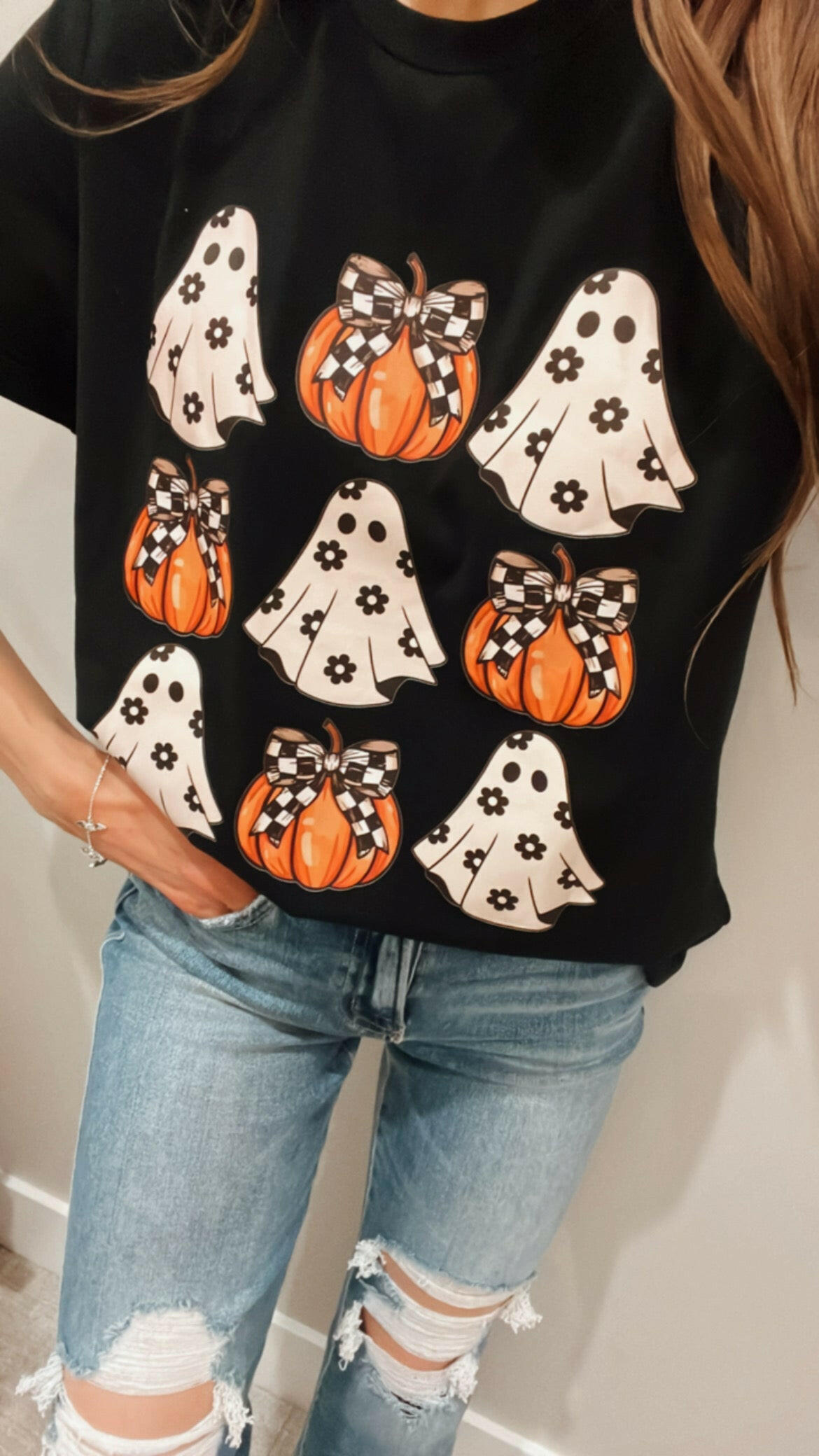 Halloween Ghost & Pumpkin Daisy Checkered Sleeve T-Shirt-Tops-Krush Kandy, Women's Online Fashion Boutique Located in Phoenix, Arizona (Scottsdale Area)