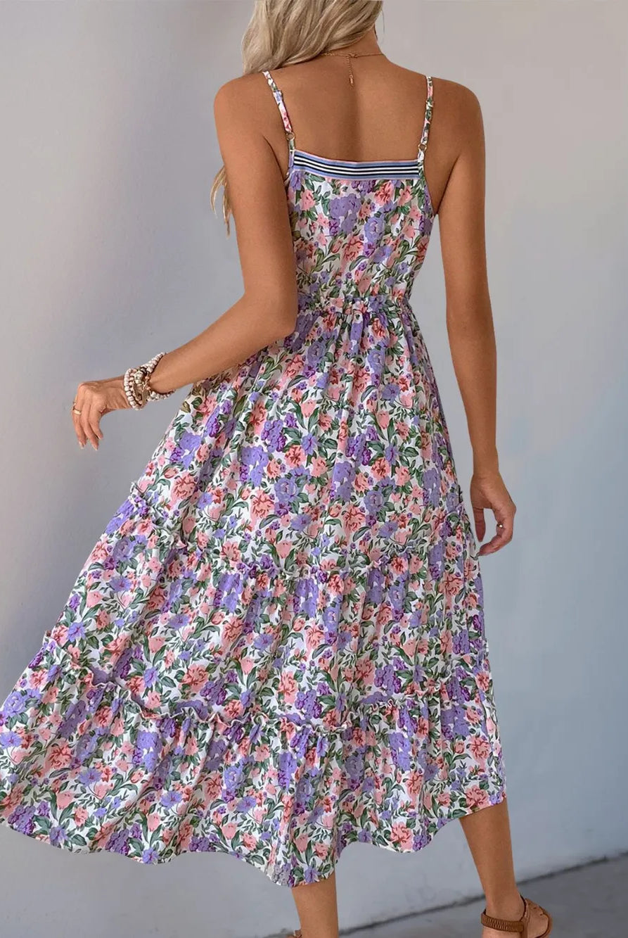 Perfee Decor Button Printed Sleeveless Tiered Midi Dress-Dresses-Krush Kandy, Women's Online Fashion Boutique Located in Phoenix, Arizona (Scottsdale Area)