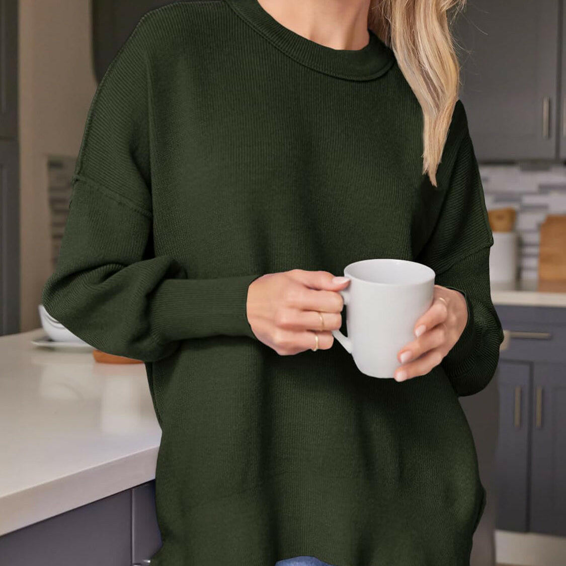 Slit Round Neck Dropped Shoulder Sweater-Krush Kandy, Women's Online Fashion Boutique Located in Phoenix, Arizona (Scottsdale Area)
