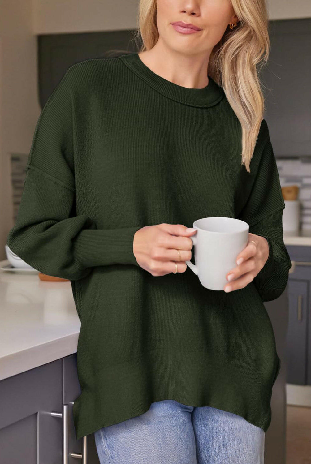 Slit Round Neck Dropped Shoulder Sweater-Krush Kandy, Women's Online Fashion Boutique Located in Phoenix, Arizona (Scottsdale Area)