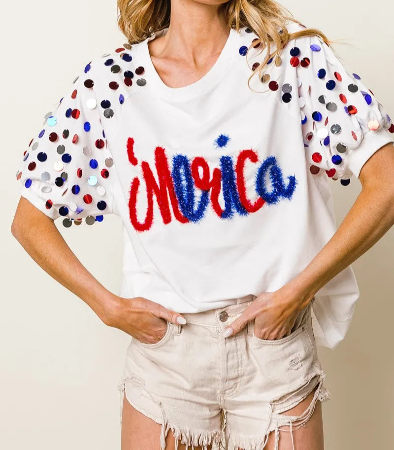 BiBi Metallic Letter Spangle Raglan Puff Sleeve Top-Tops-Krush Kandy, Women's Online Fashion Boutique Located in Phoenix, Arizona (Scottsdale Area)