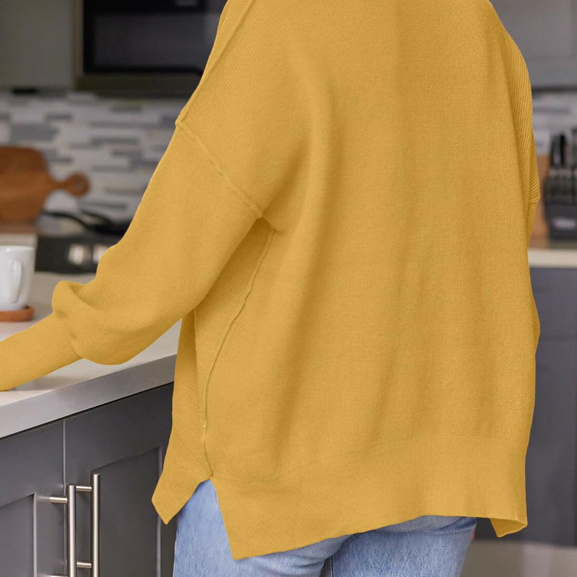 Slit Round Neck Dropped Shoulder Sweater-Krush Kandy, Women's Online Fashion Boutique Located in Phoenix, Arizona (Scottsdale Area)