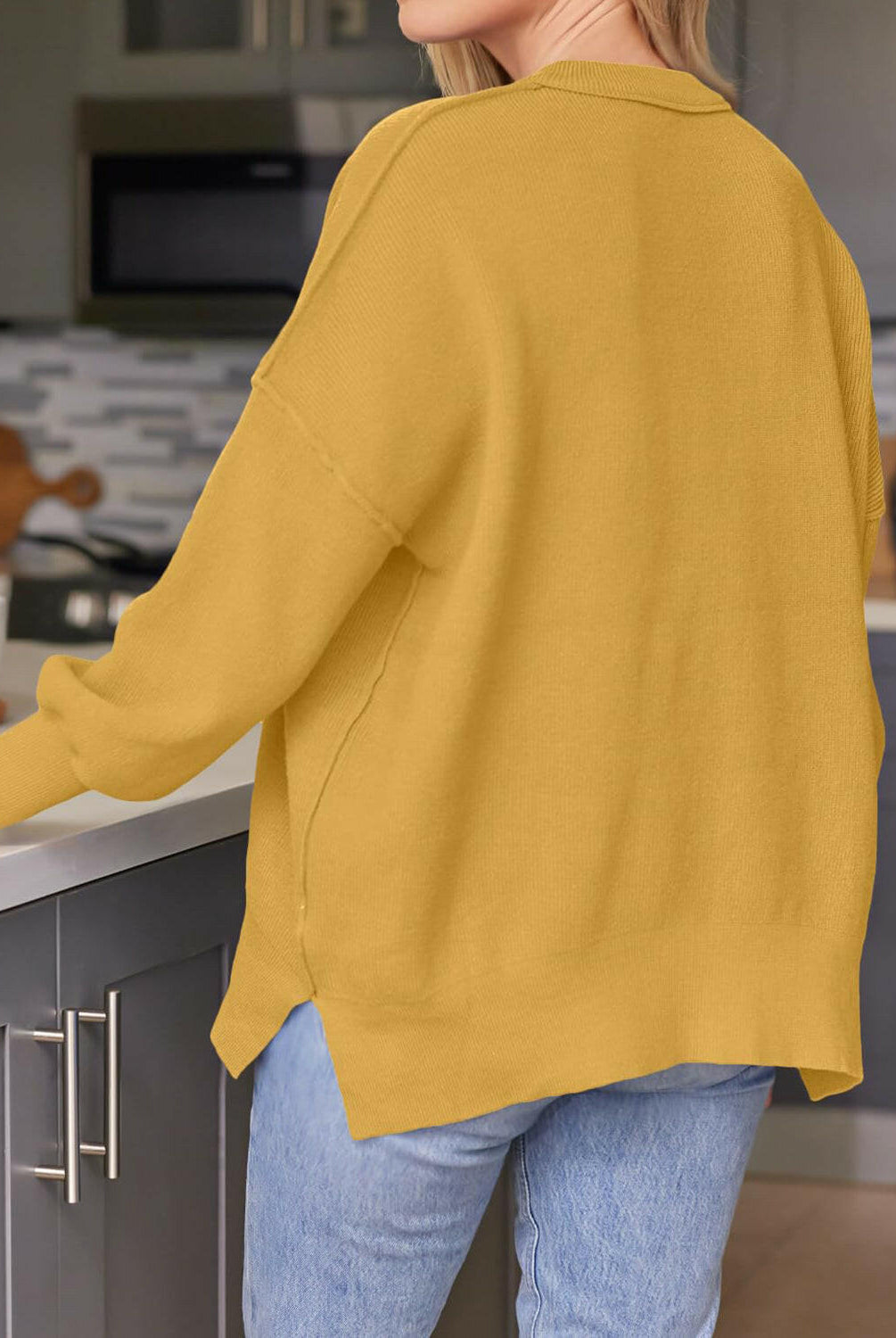 Slit Round Neck Dropped Shoulder Sweater-Krush Kandy, Women's Online Fashion Boutique Located in Phoenix, Arizona (Scottsdale Area)