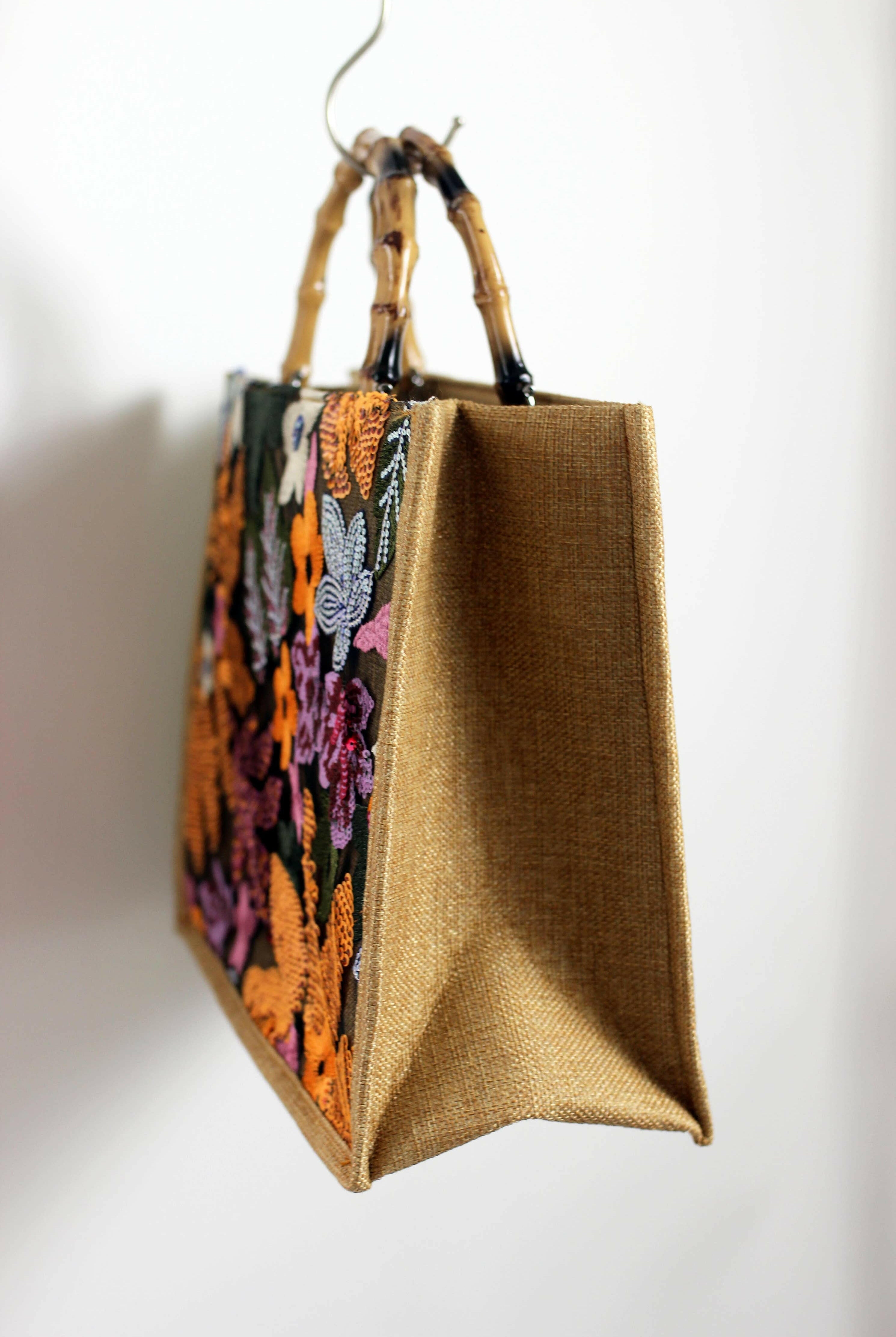 Elegant Burlap Handbag with Floral Embroidery and Bamboo Handle-handbag-Krush Kandy, Women's Online Fashion Boutique Located in Phoenix, Arizona (Scottsdale Area)