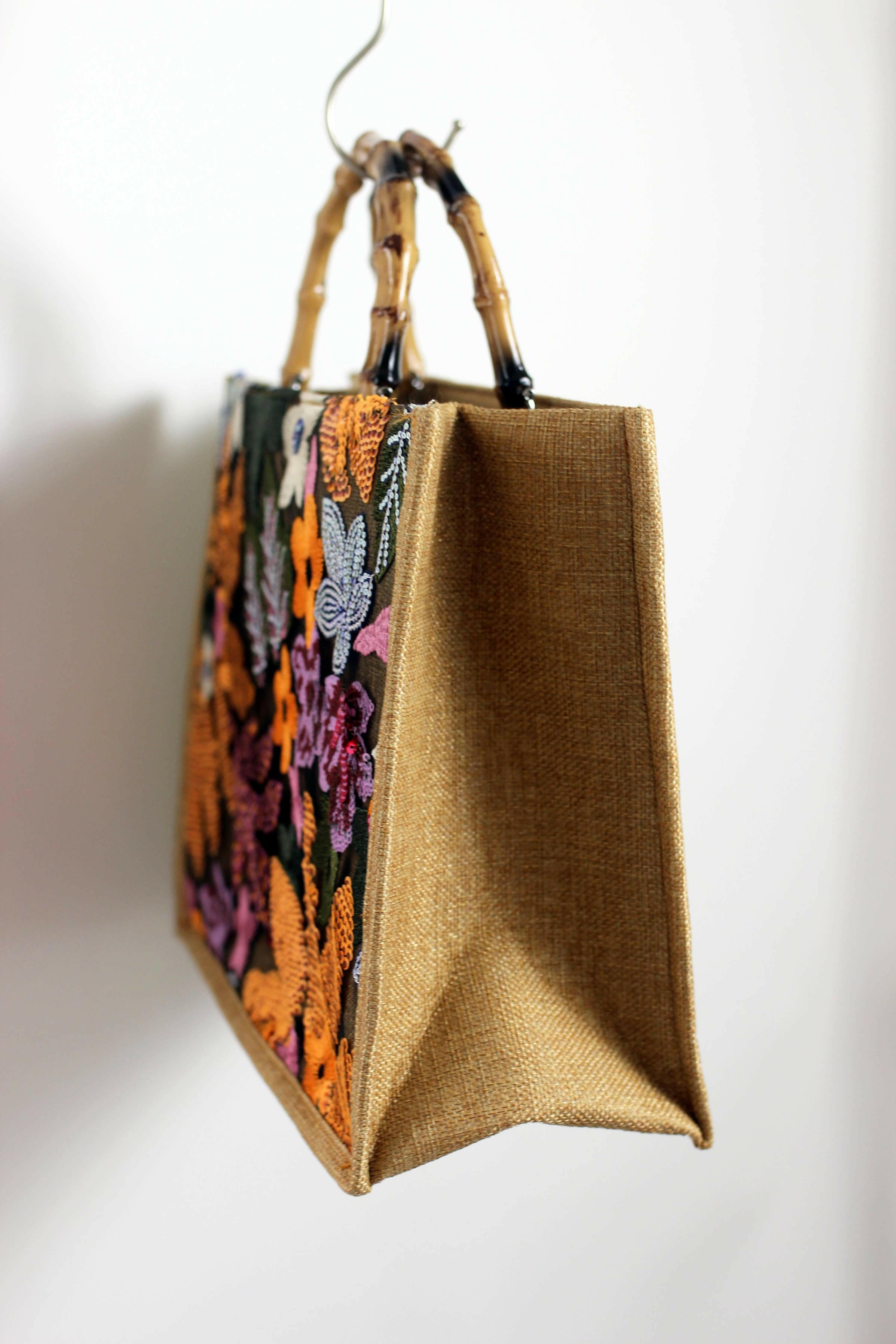 Elegant Burlap Handbag with Floral Embroidery and Bamboo Handle-handbag-Krush Kandy, Women's Online Fashion Boutique Located in Phoenix, Arizona (Scottsdale Area)