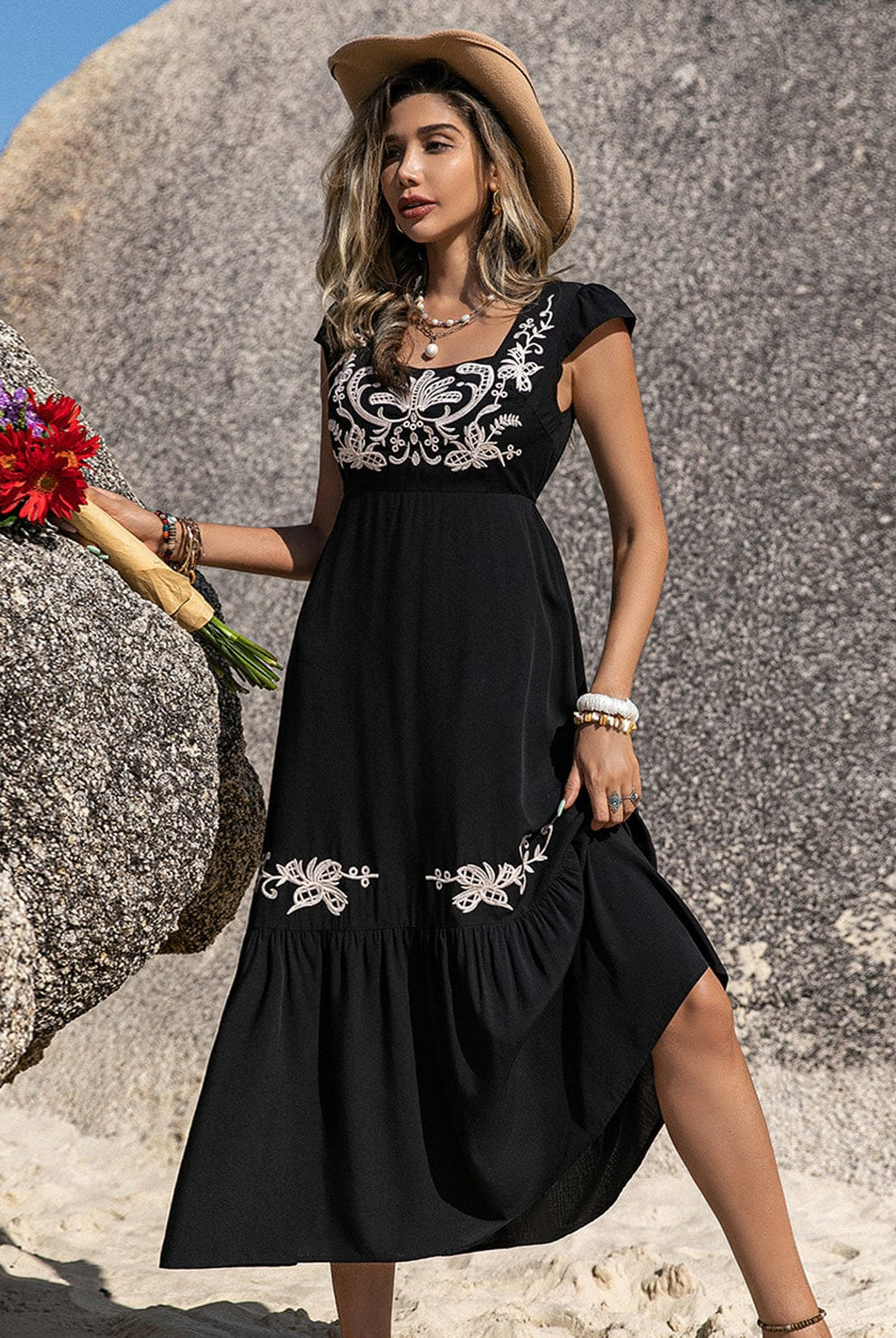 Embroidered Square Neck Ruffle Hem Dress-Krush Kandy, Women's Online Fashion Boutique Located in Phoenix, Arizona (Scottsdale Area)