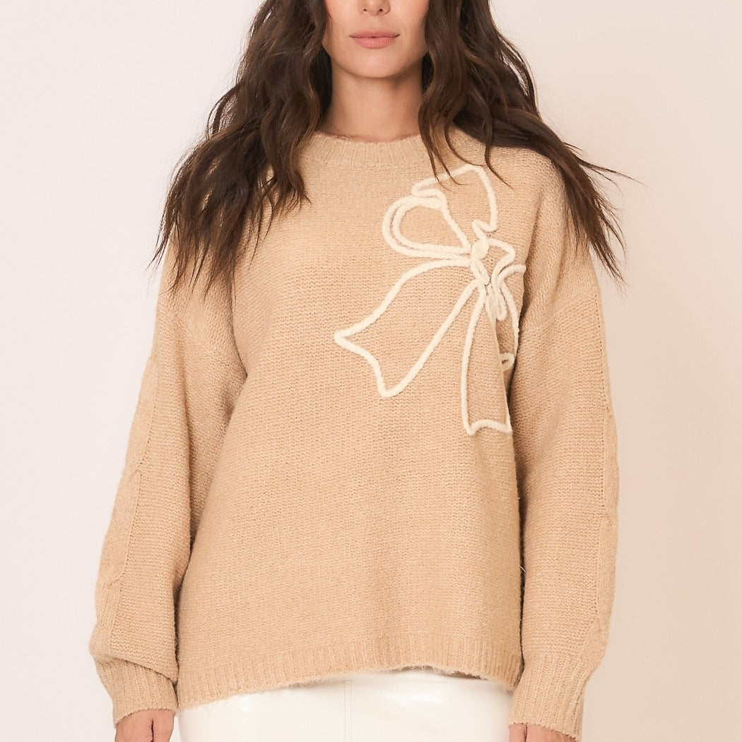 Soft Brushed Embroidered Bow Knit Sweater-Sweaters-Krush Kandy, Women's Online Fashion Boutique Located in Phoenix, Arizona (Scottsdale Area)