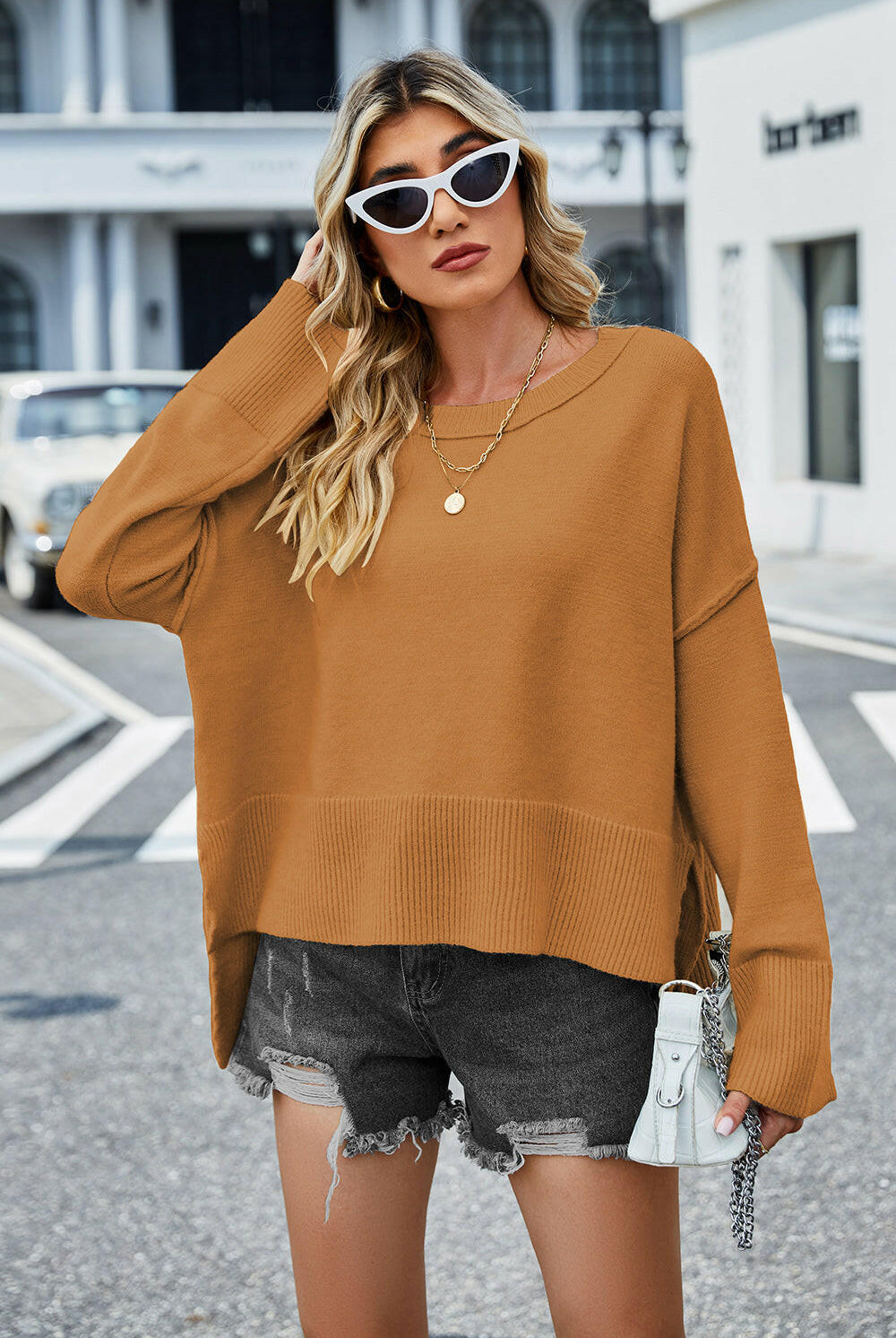 High-Low Slit Round Neck Long Sleeve Sweater-Krush Kandy, Women's Online Fashion Boutique Located in Phoenix, Arizona (Scottsdale Area)