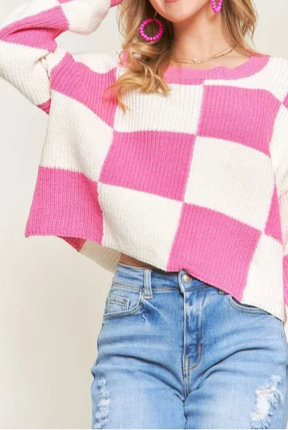 ADORA Plus Size Comfy Checkered Colorblock Sweater Top-Sweater-Krush Kandy, Women's Online Fashion Boutique Located in Phoenix, Arizona (Scottsdale Area)
