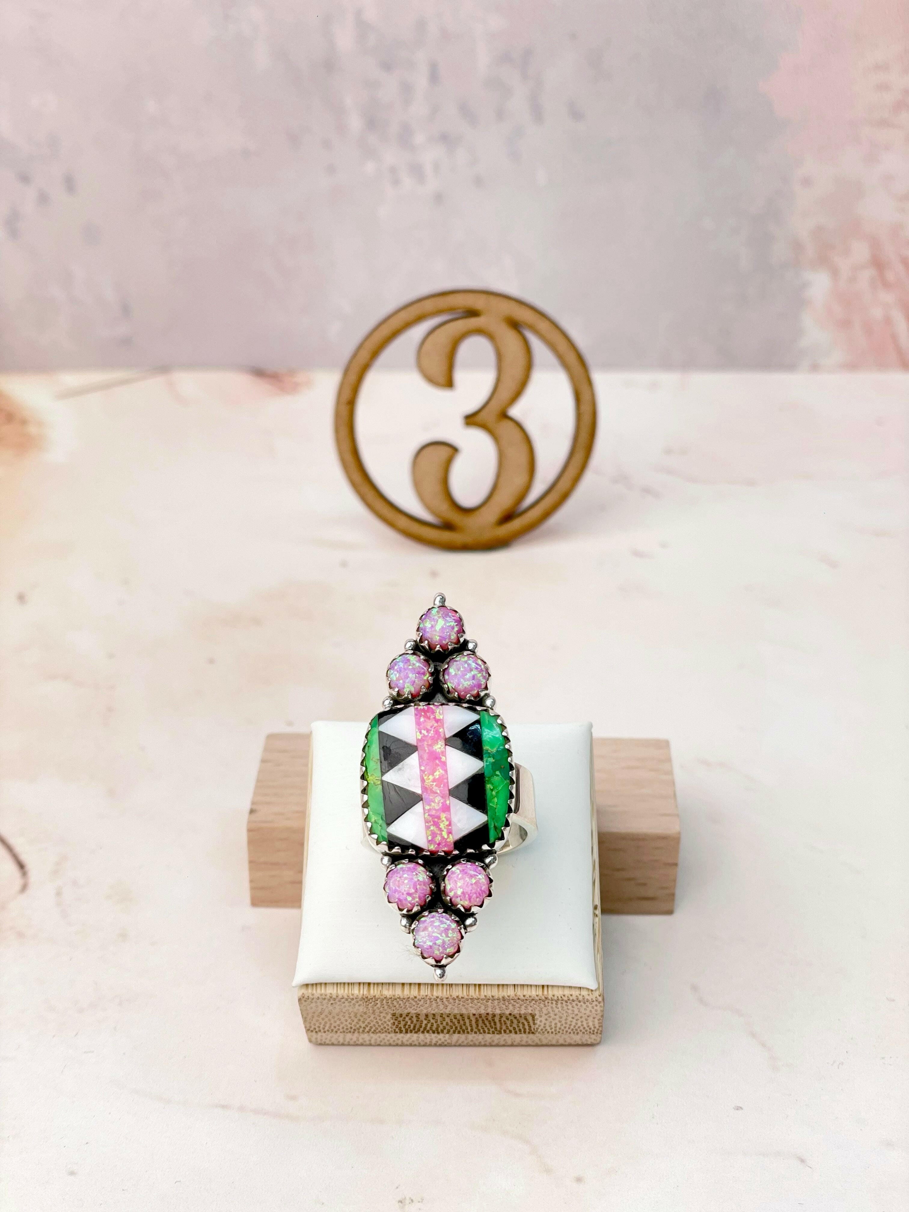 Fiery Pink Opal Aztec Pattern Mixed Rings-Rings-Krush Kandy, Women's Online Fashion Boutique Located in Phoenix, Arizona (Scottsdale Area)